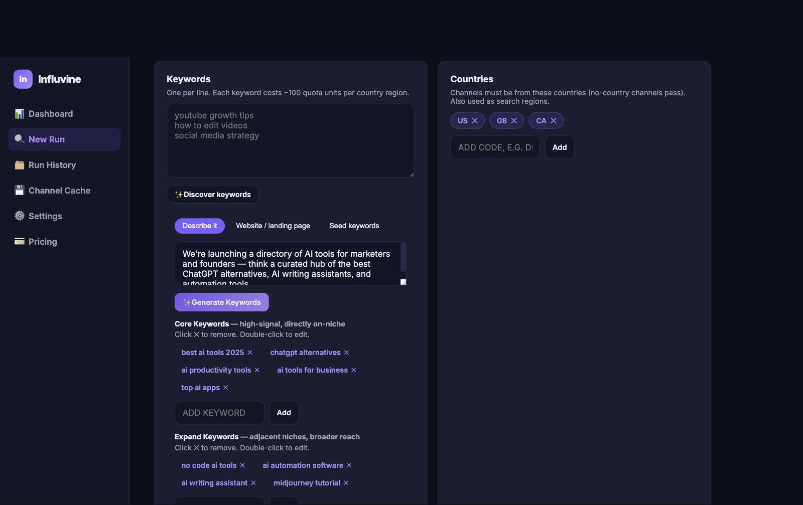 Influvine new discovery run screen with keyword and country filters
